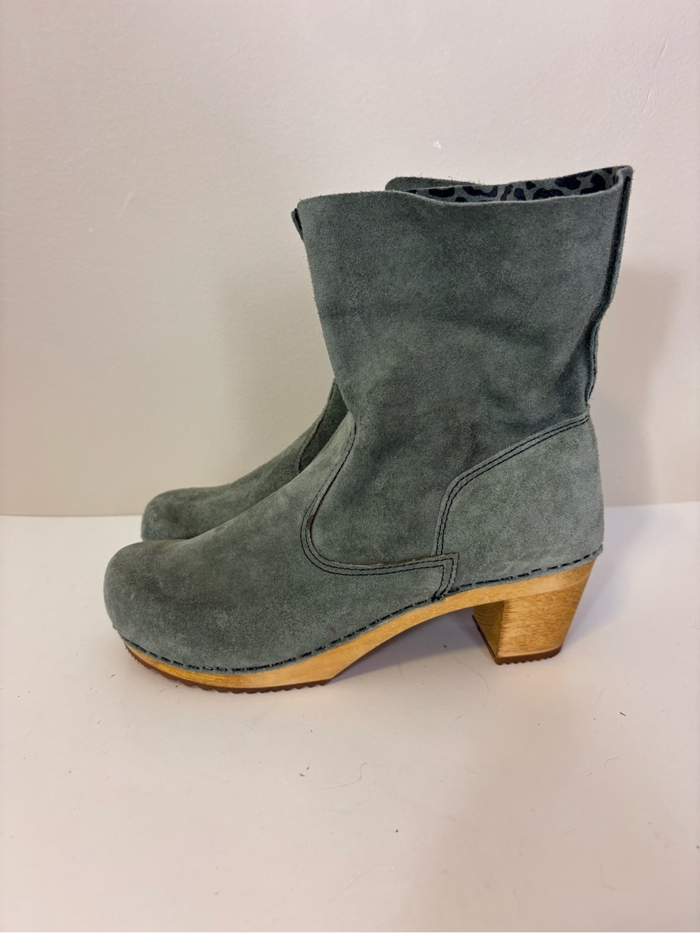 Sanita Sage Green Suede Mid-Calf Clog Boot with Wood Heel 38 = 7